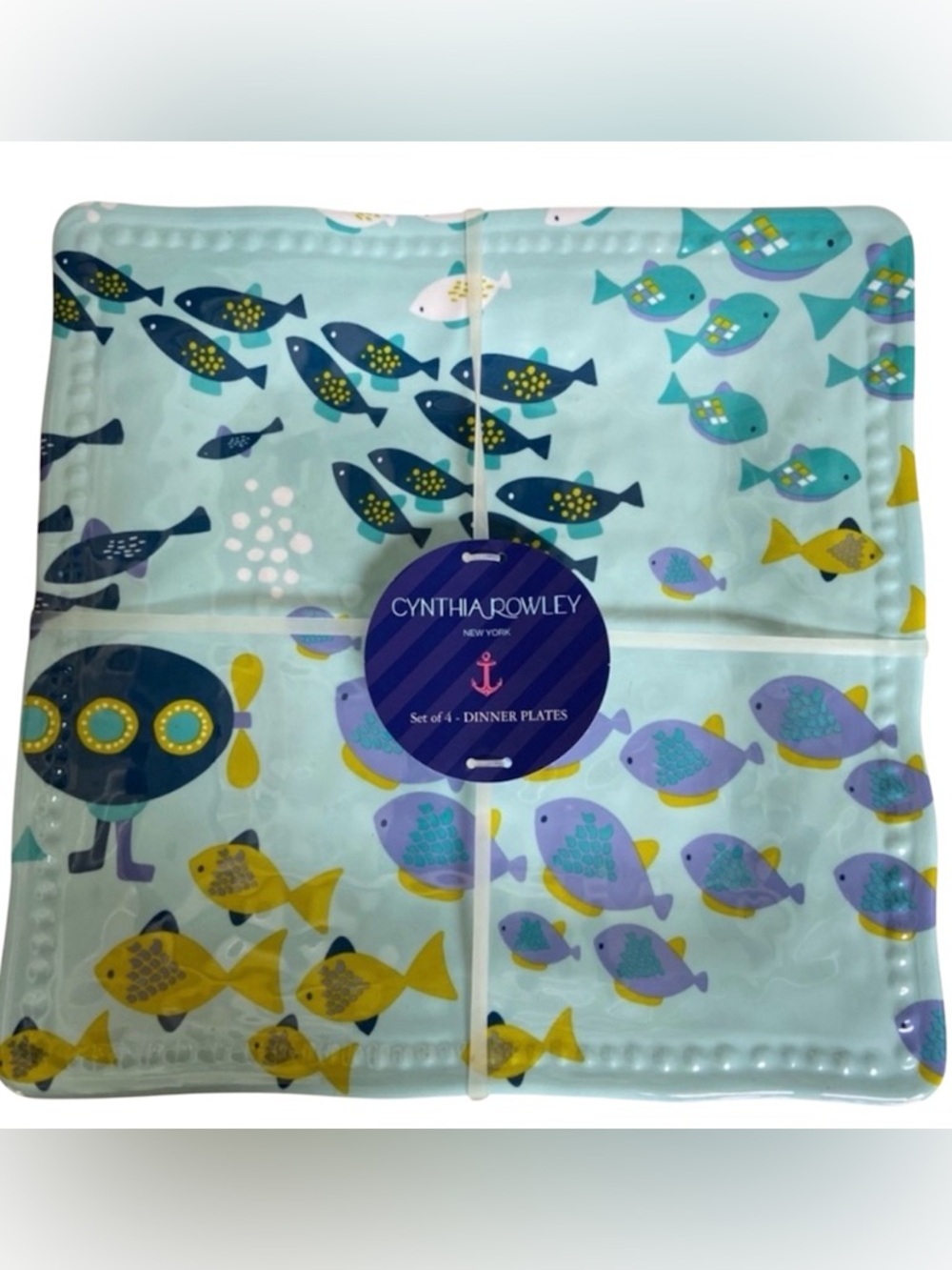 Cynthia Rowley-Set of 4 Square Melamine Dinner Plates Aqua Blue Fish Submarines